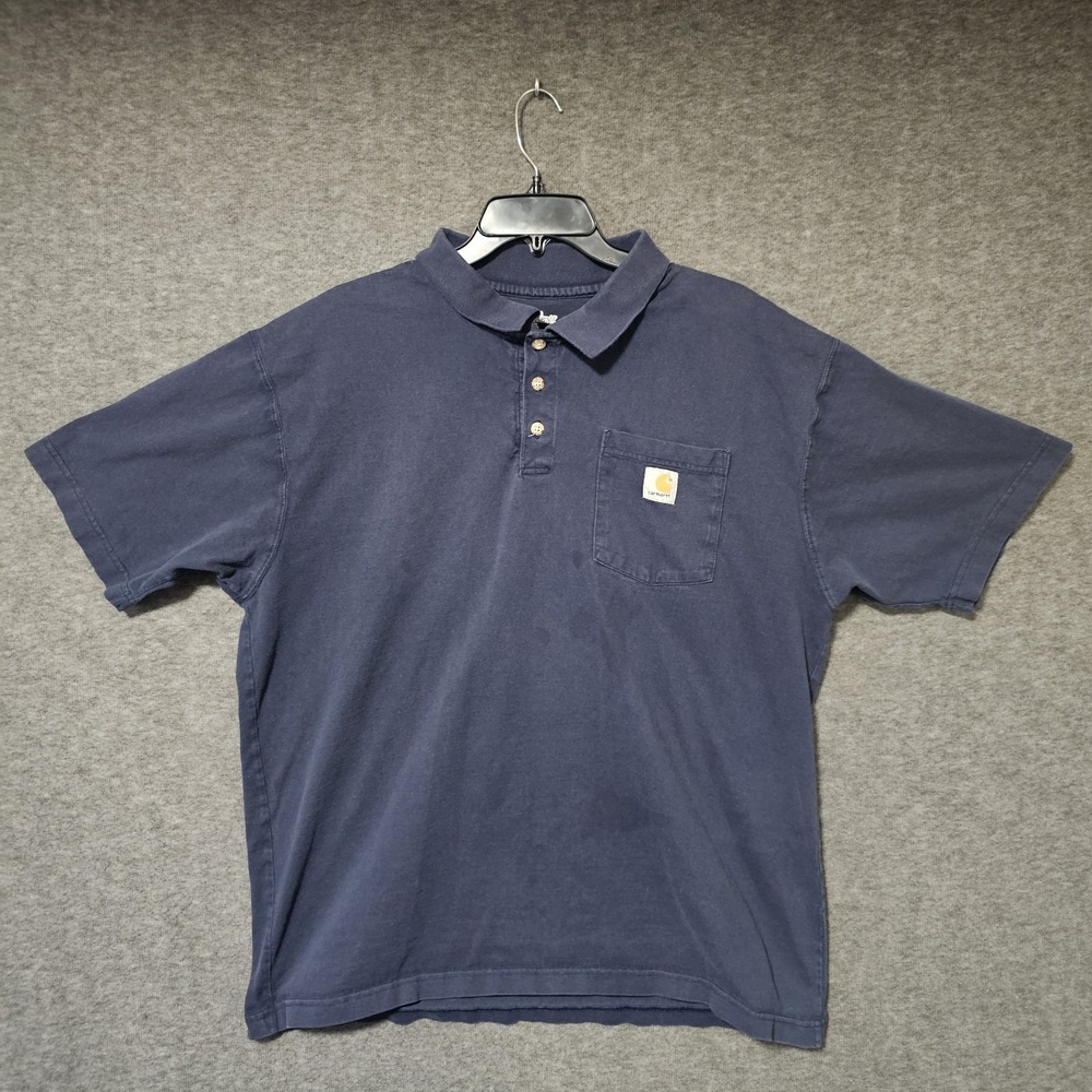 Carhartt Shirt Mens Large Blue Cotton Polo Pocket Logo Work Wear Outdoor Stains